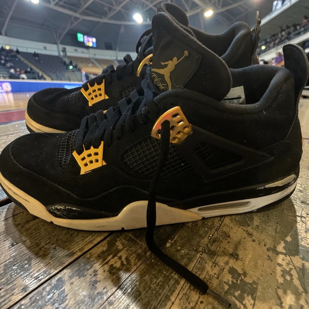 Men’s Size 13 Air Jordan 4 Retro Royalty Black and Gold Sneakers